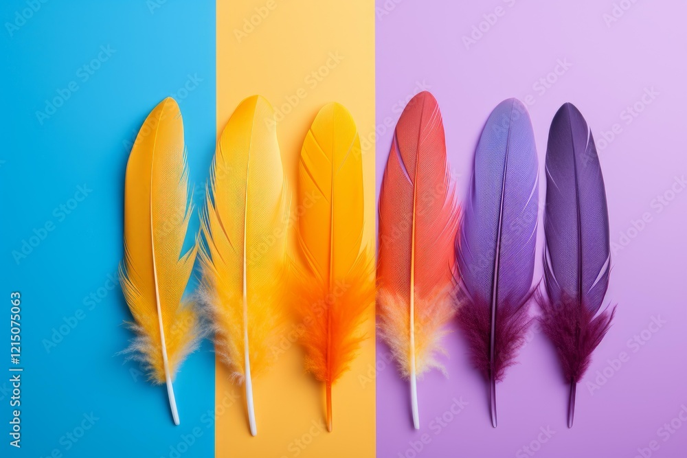 Poster six colorful feathers are arranged on a vibrant multicolored background, creating a beautiful gradie