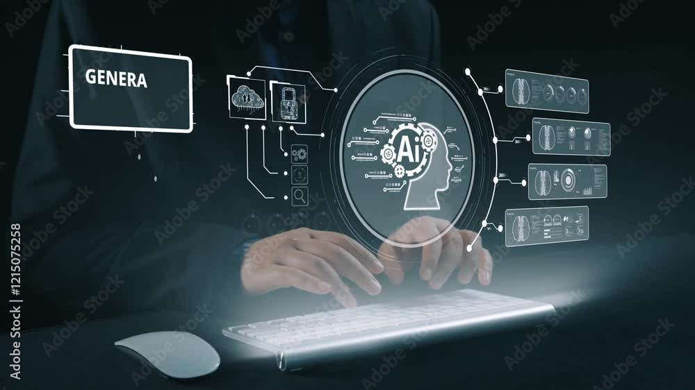 Poster human interact with ai artificial intelligence brain processor in concept of ai artificial intellige