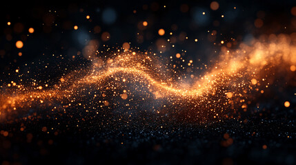 Orange lens flare on a black background in a minimalistic style with a bright and modern tone creating a blurred effect and empty blank space symbolizing energy transformation and chaos

