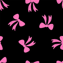 Hand drawn seamless pattern cute pink bows on a black background vector illustration