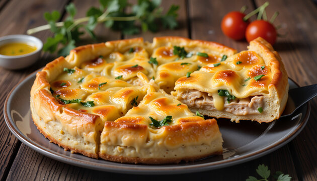 Golden-brown kurnik pie slice revealing filling on rustic table, comfort food