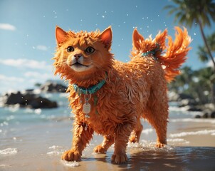 AI-generated image of an orange cat walking along the beach, with soft waves and warm sunlight creating a peaceful and whimsical atmosphere. This digital artwork blends nature and charm in a serene co