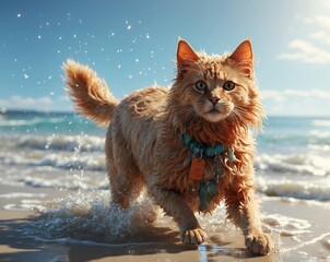 AI-generated image of an orange cat walking along the beach, with soft waves and warm sunlight creating a peaceful and whimsical atmosphere. This digital artwork blends nature and charm in a serene co