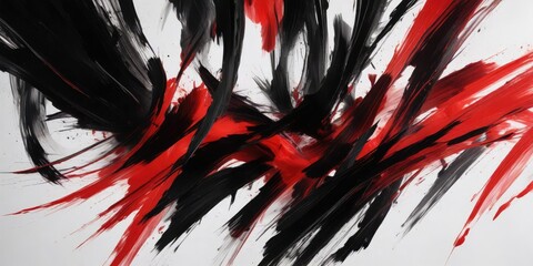 Bold black and red brushstrokes on a white canvas with dynamic movement effect , expressive art, vibrant painting