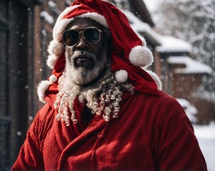 AI-generated image of a young man dressed as Santa Claus, capturing the festive spirit and holiday cheer with a playful and joyful atmosphere. The scene highlights celebration, costume, and Christmas 
