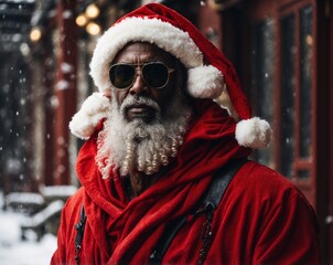 AI-generated image of a young man dressed as Santa Claus, capturing the festive spirit and holiday cheer with a playful and joyful atmosphere. The scene highlights celebration, costume, and Christmas 