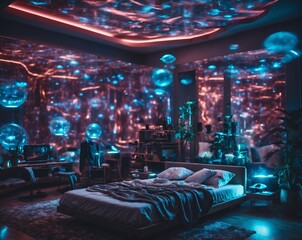 AI-generated image of a room filled with various lights, creating a warm and vibrant atmosphere. The scene highlights cozy ambiance, decorative lighting, and a modern interior design.

