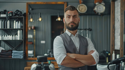 Male barber with a mirror behind him and a hair dryer on the table, neat modern barber shop, realistic, photo.