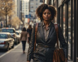 AI-generated image of a young woman walking through a vibrant city street. The scene conveys confidence, urban lifestyle, and dynamic movement amidst modern architecture and lively surroundings.

