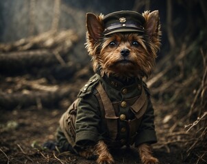 AI-generated image of a dog wearing a hat in a forest setting. The scene combines a whimsical touch with natural beauty, creating a charming and playful atmosphere in the woods.

