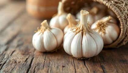 Obraz premium Fresh Garlic Bulbs in Rustic Wooden Basket - Healthy Food Ingredient