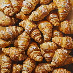 Golden croissants dusted with powdered sugar, artfully arranged, showcasing bakery's delectable temptation