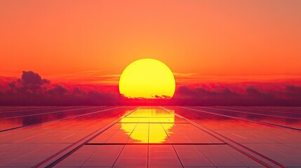 Obraz premium A serene landscape depicting a luminous sunset over a reflective surface of solar panels.