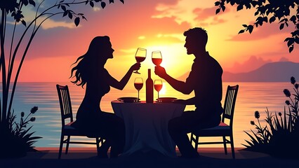 Obraz premium Romantic Couple Toasting Wine at Sunset Scenic Dinner Date by the Beach, Tropical Evening Romance Perfect Love Scene for Lifestyle and Travel, Silhouetted Pair Moments with Vibrant Sunset Sky.