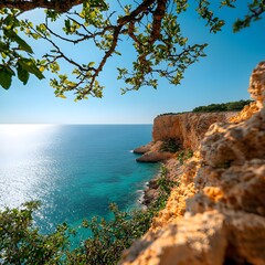 Serene Coastal View with Cliffs and Vibrant Blue Ocean Reflections
