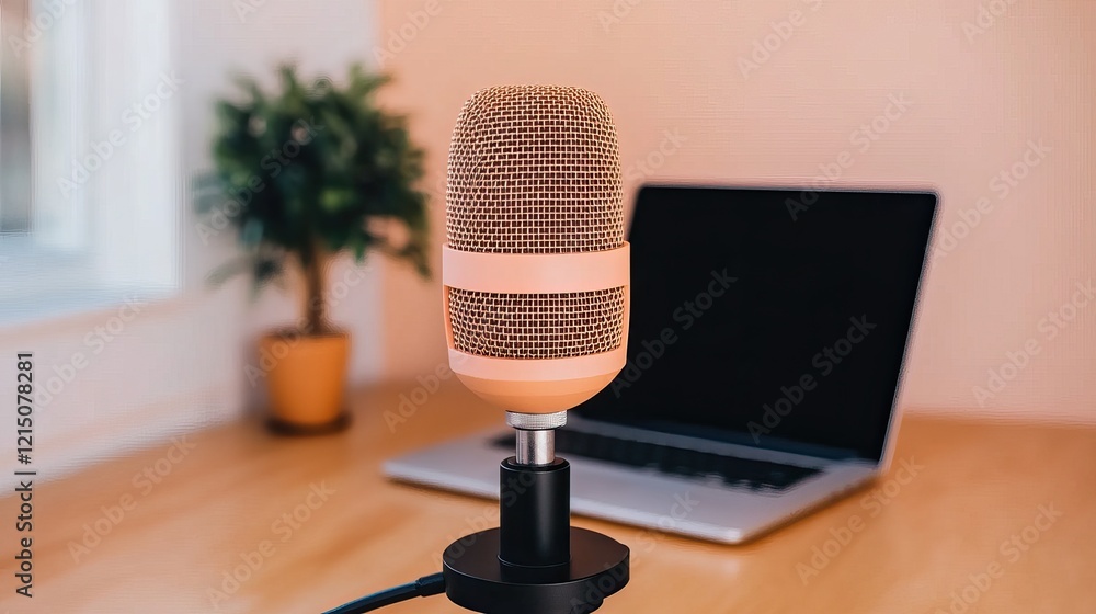 Poster a close-up of a microphone on a desk with a laptop in the background, creating a modern workspace at