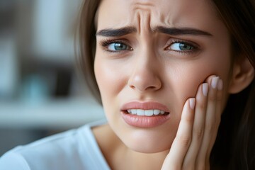 Young woman suffering severe tooth pain, pressing hand against aching cheek with pained expression