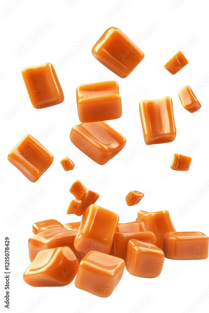 Poster close-up of a pile of vibrant orange candies arranged in a colorful heap on a white background isola
