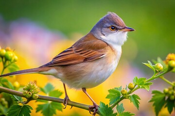 Fototapeta premium Macro Photography: Common Whitethroat (Sylvia communis) on Branch