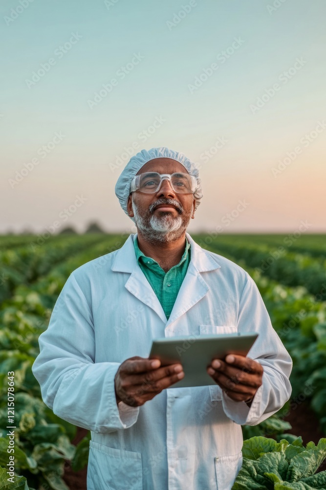 Poster eco-innovation indian male scientist analyzing sustainable crop data in experimental field - future 