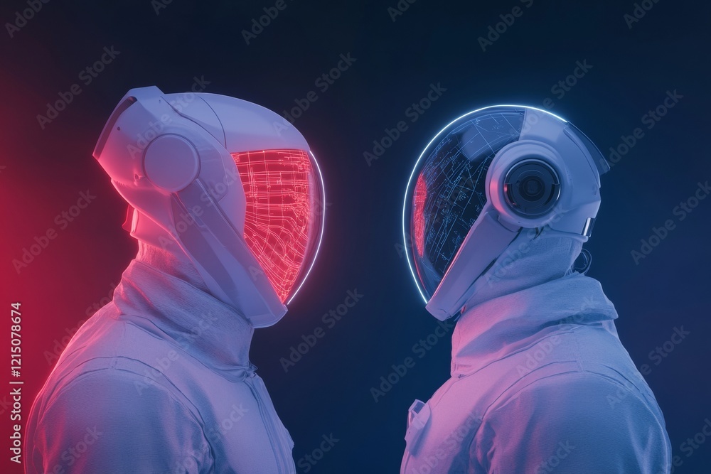 Poster Futuristic Cyber Aesthetic Dual Robot Avatars in Holo-Display Interface with Neon Light - Emerging AI Integration and Tech Innovation for Next-Gen Business and Digital Strategies