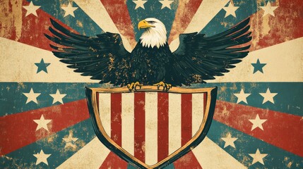 Vintage American Eagle Illustration with Stars and Stripes Design on Distressed Background