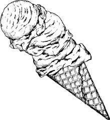 Black and white ink illustration of an ice cream cone with a scoop of creamy ice cream on top. Perfect for summer-themed menus, confectionery, gelateria branding, bakery designs or food packaging