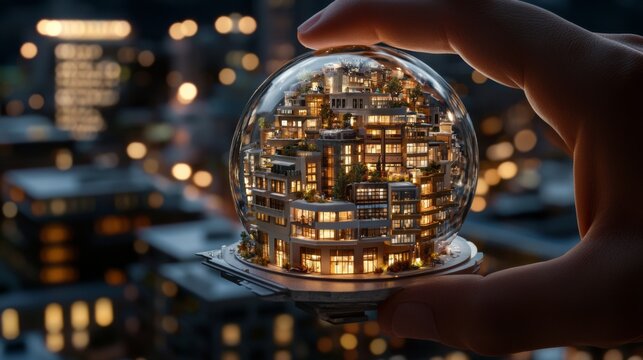 Unique artistic representation of a city in a snow globe showcasing vibrant lights and intricate architecture