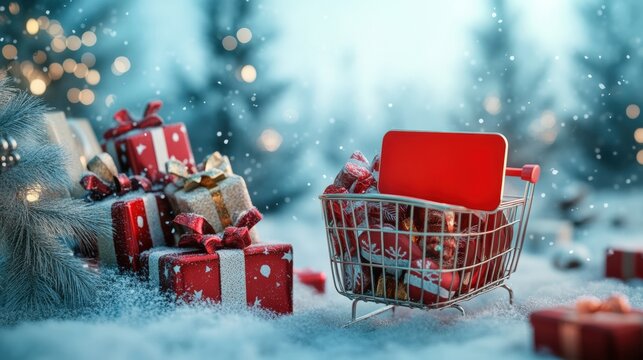 Winter shopping extravaganza festive forest promotional banner snowy landscape close-up online shopping concept