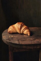 Flaky golden croissant resting on rustic dark wood, surrounding crumbs suggesting homemade breakfast warmth