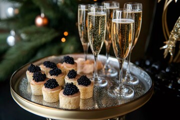 Golden serving tray displaying champagne glasses, gourmet canapés topped with caviar, positioned near festive Christmas tree decorations