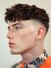 Naklejka premium Stylish Young Man with Sharp Caesar Haircut and Even Fringe in Fashion Portrait