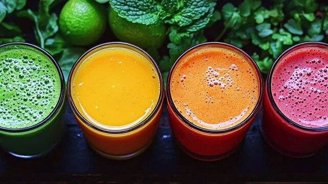 Brightly colored smoothies are being prepared using fresh fruits and herbs in a vibrant kitchen. Different stirring techniques create a lively and inviting atmosphere, perfect for health enthusiasts.