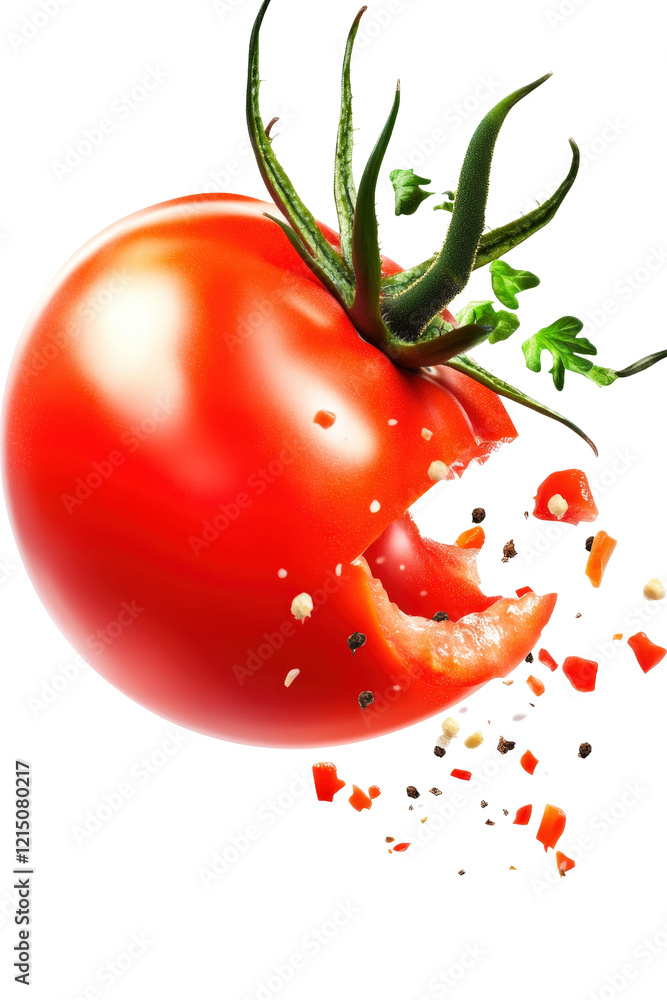 Poster fresh tomato with a slice of tomato resting on top of it on a wooden surface isolated on transparent