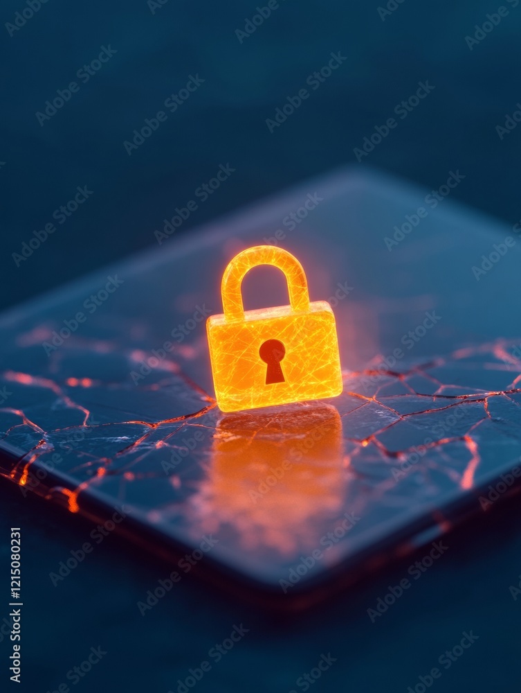 Poster cybersecurity focus illuminated digital lock on shattered screen - enhancing online privacy and corp