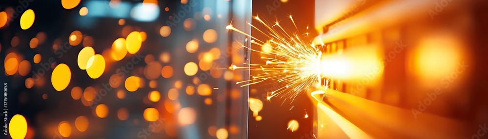 Poster a vibrant display of orange sparks and glowing bokeh lights, creating a dynamic contrast between ene