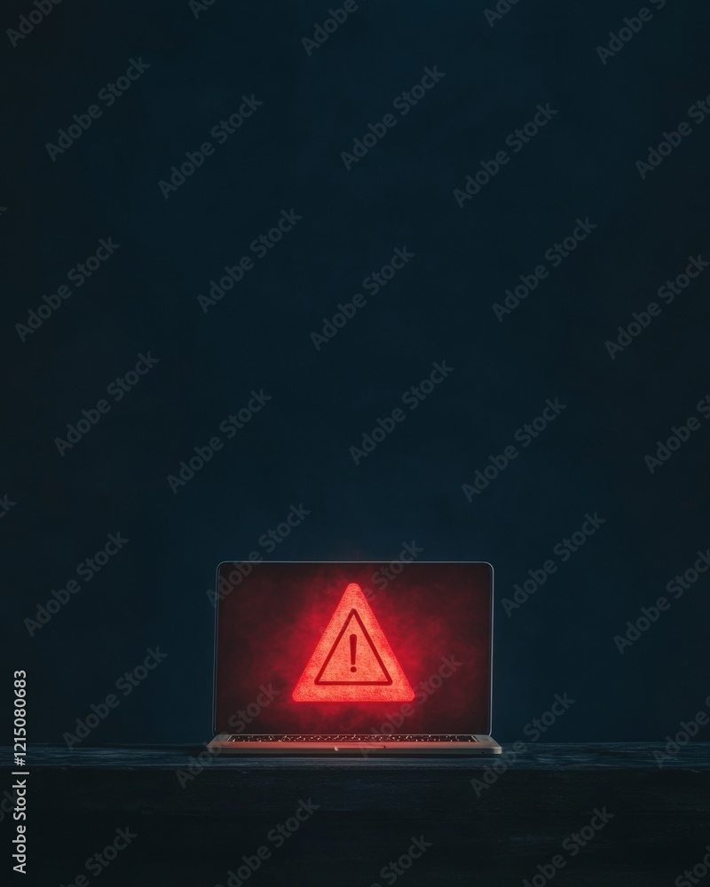 Poster Dark Tech Aesthetic Laptop with Red Warning Display in Minimalist Setting - Cybersecurity Awareness and Data Protection for Modern Business Environments