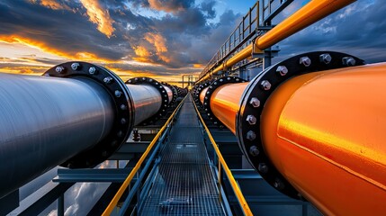 A vibrant sunset illuminates large industrial pipes, showcasing their colors and structure against a dramatic sky.