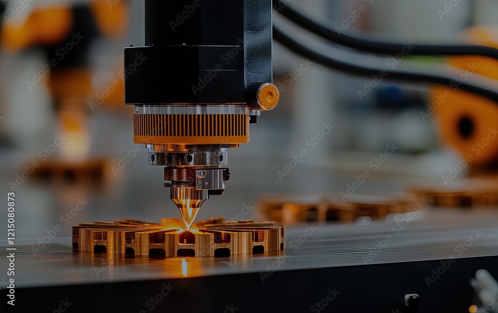 Poster a close-up of a precision laser cutting machine processing metallic components in a modern industria