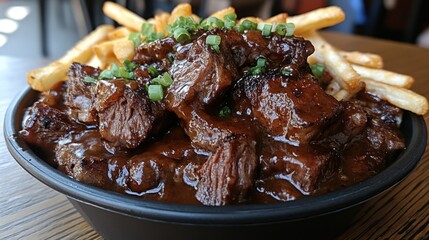 Beef stew fries restaurant meal closeup