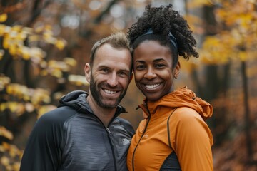 Fototapeta premium Portrait of a blissful multiethnic couple in their 30s wearing a lightweight running vest in background of autumn leaves