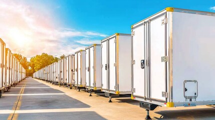 Fleet of white delivery trucks parked in a sunny storage facility in the afternoon
