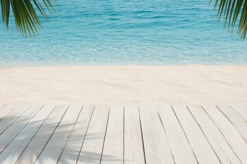 Fototapeta premium Tropical Serenity Deck Contemporary Wooden Boardwalk to Azure Ocean - Relaxation Symbol and Luxury Travel Marketing for Exquisite Beach Retreat Promotions