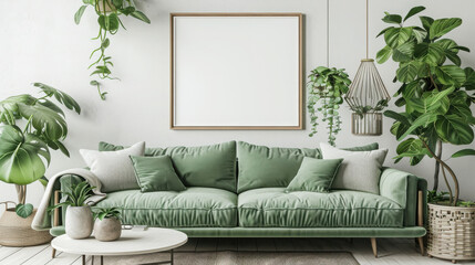Mockup frame poster hanging on a white wall above a light green sofa, surrounded by various indoor plants in a cozy living room setting- 3D rendering.