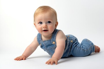 Delighted baby discovering the world while crawling on a clean white background in a bright studio setting