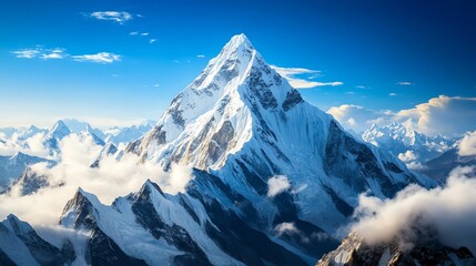 Obraz premium Majestic snow-covered mountain peak in sunlight.