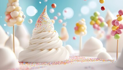 Whimsical dessert landscape with colorful sprinkles and playful creations