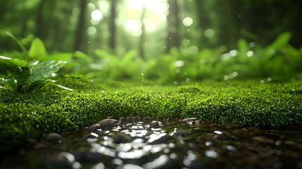 Tranquil Forest Scene with Lush Green Moss and Gentle Stream Flow