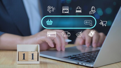 online shopping via mobile phone. Hologram screen icon of online shopping and technology concept.Human using laptop. Ideas about customers order buy from retailer sites via the internet website.