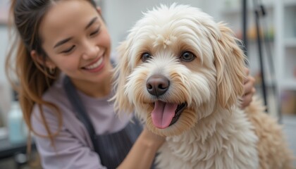 A skilled groomer carefully brushes a fluffy dog in a warm salon setting, showcasing a bond between them that radiates joy and trust during the grooming process